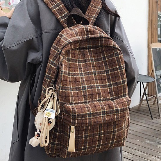 The new autumn and winter backpack is cute. It's a large-capacity backpack with a woolen checkered pattern design details Picture