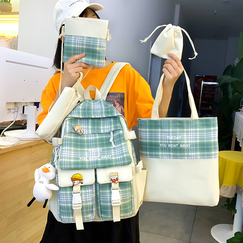 Cross-border new double-shoulder backpack, Korean version checkered five-piece set, large capacity wholesale of primary school schoolbag, supplementary school bag for girls Specification drawing