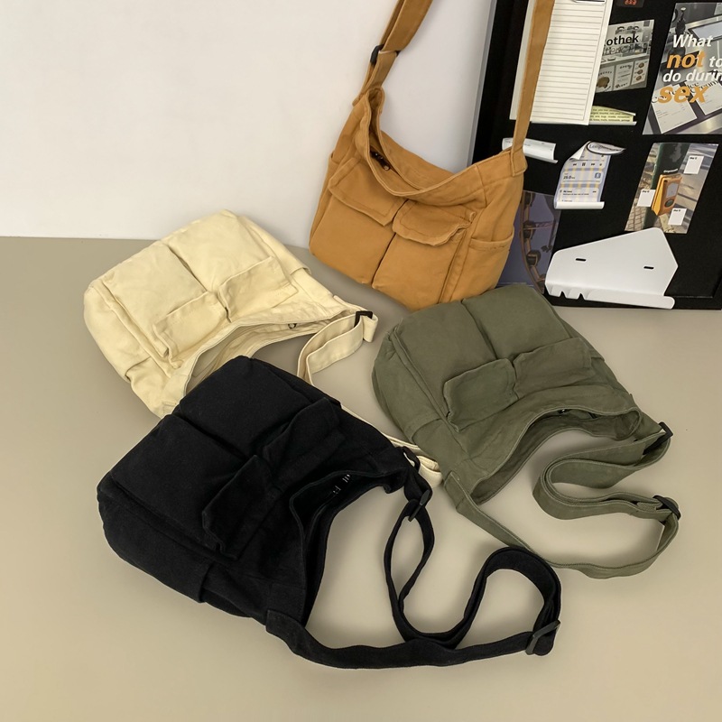Fashionable washed canvas bag 2024 new style, elegant single-shoulder bag, Japanese simple solid color crossbody bag, workwear style backpack Specification drawing