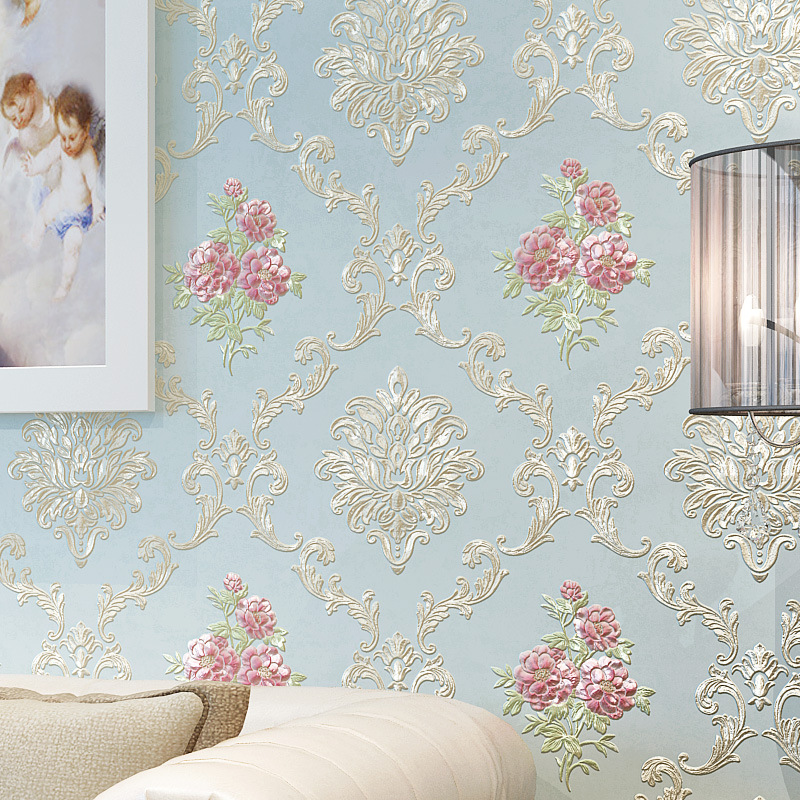 Non-woven fabric simple modern wallpaper 3D stereoscopic luxurious country European-style warm bedroom, living room and wedding room background wallpaper full figure