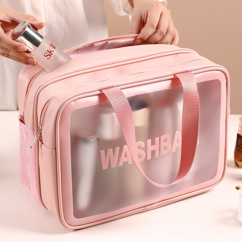 New PU dry and wet separation makeup bag, double-layer with mesh, transparent, hand-held for washing, travel and business trips, large capacity storage full figure