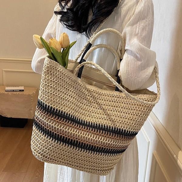 The 2025 new summer single-shoulder bag, striped straw woven bag, trendy tote bag, crossbody bag and vegetable basket for women Specification drawing