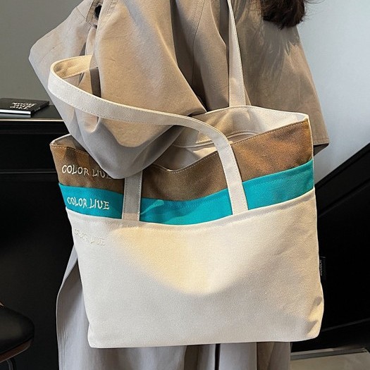 New large-capacity tote bags for autumn and winter, student canvas bags, hand and shoulder bags, color-blocking casual and trendy tote bags full figure