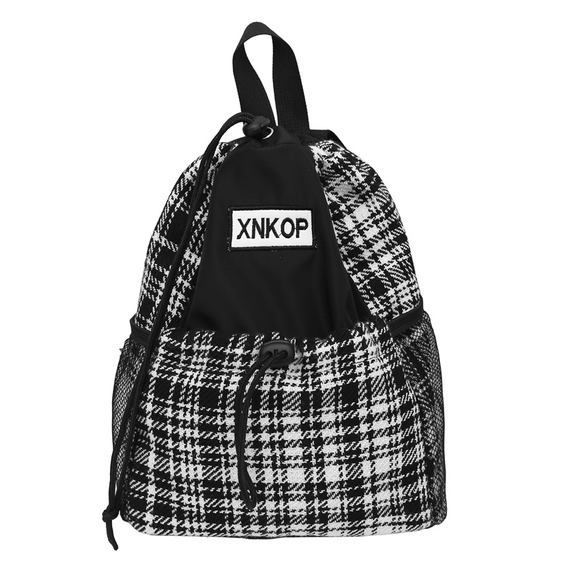 Fashionable checkered small backpack for women, color-blocking drawstring backpack, versatile travel bag for autumn and winter, casual and trendy color-blocking backpack Item Picture