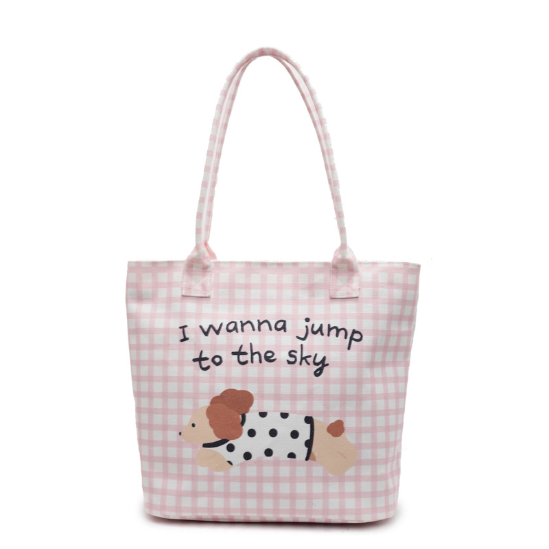 A new Japanese-style cartoon canvas bag, a student hand-held cartoon dog tote bag, and a portable handbag with a check pattern for girls Item Picture
