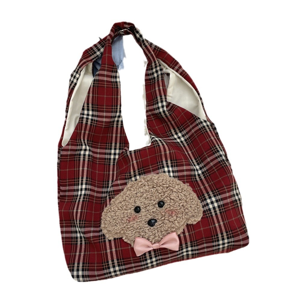411182 Autumn and Winter new Korean-style embroidered puppy cute checkered single-shoulder bag Casual student class handbag Item Picture