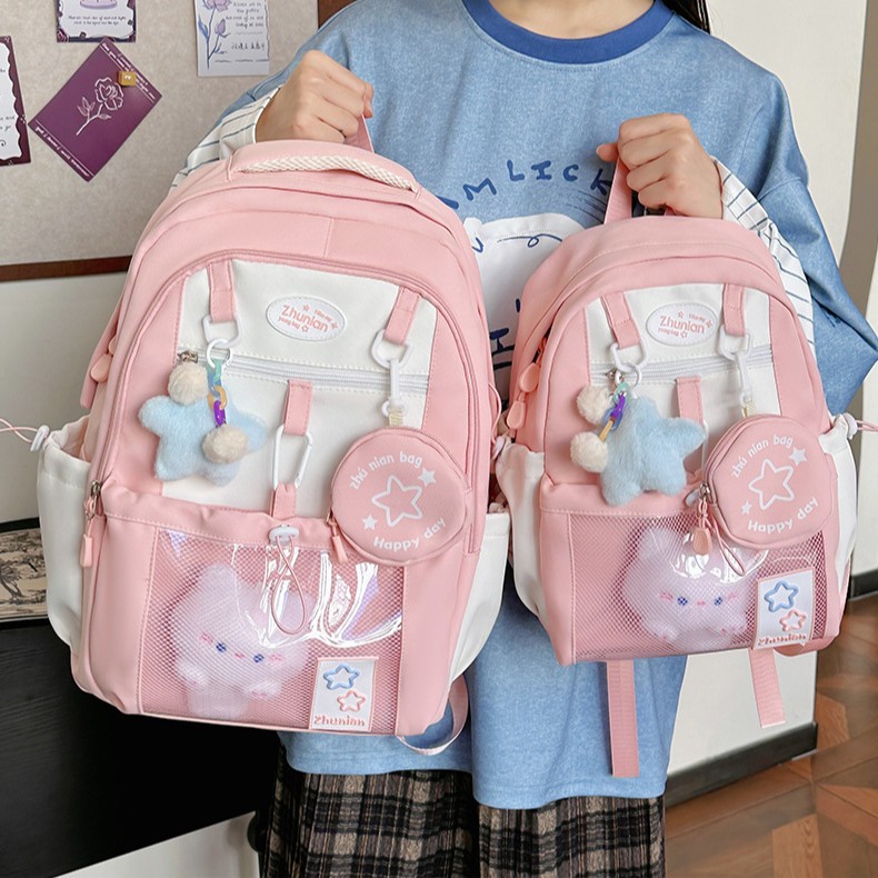 Japanese-style transparent pain bag, InS-style schoolbag for middle and high school students, cute girl, large-capacity backpack, lightweight student backpack details Picture