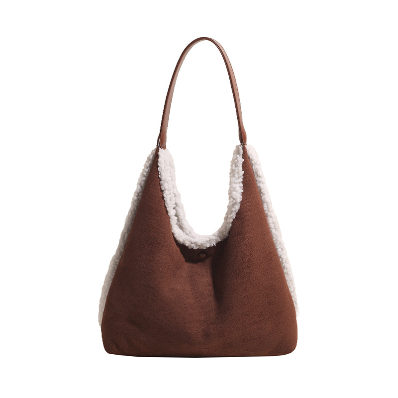 New autumn and winter simple women's bag, large-capacity handbag, versatile, furry single-shoulder bag, retro and trendy underarm bag with contrasting colors Item Picture