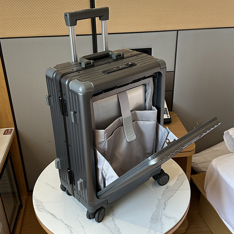 Leisure travel suitcase with front opening, multi-functional cup holder, USB port, large capacity, aluminum frame carry-on suitcase Specification drawing