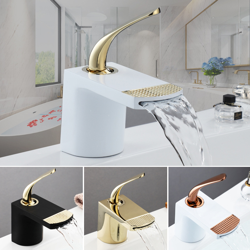The light luxury waterfall washbasin faucet is rose gold and black. It is a creative white household bathroom sink with cold and hot water faucets full figure