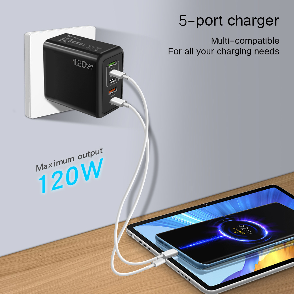 CE certified 120W mobile phone fast charging head Type-C, European and American standard UK PD+USB multi-port adapter tablet charger Specification drawing