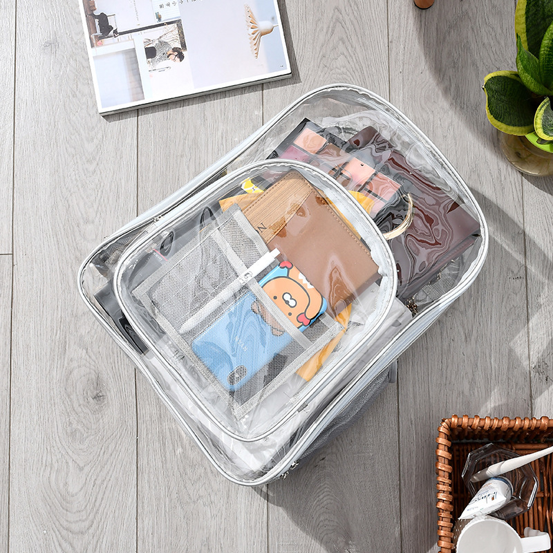 Amazon transparent PVC double-shoulder heavy-duty backpack, student portable hand-held schoolbag, travel waterproof storage bag in stock details Picture