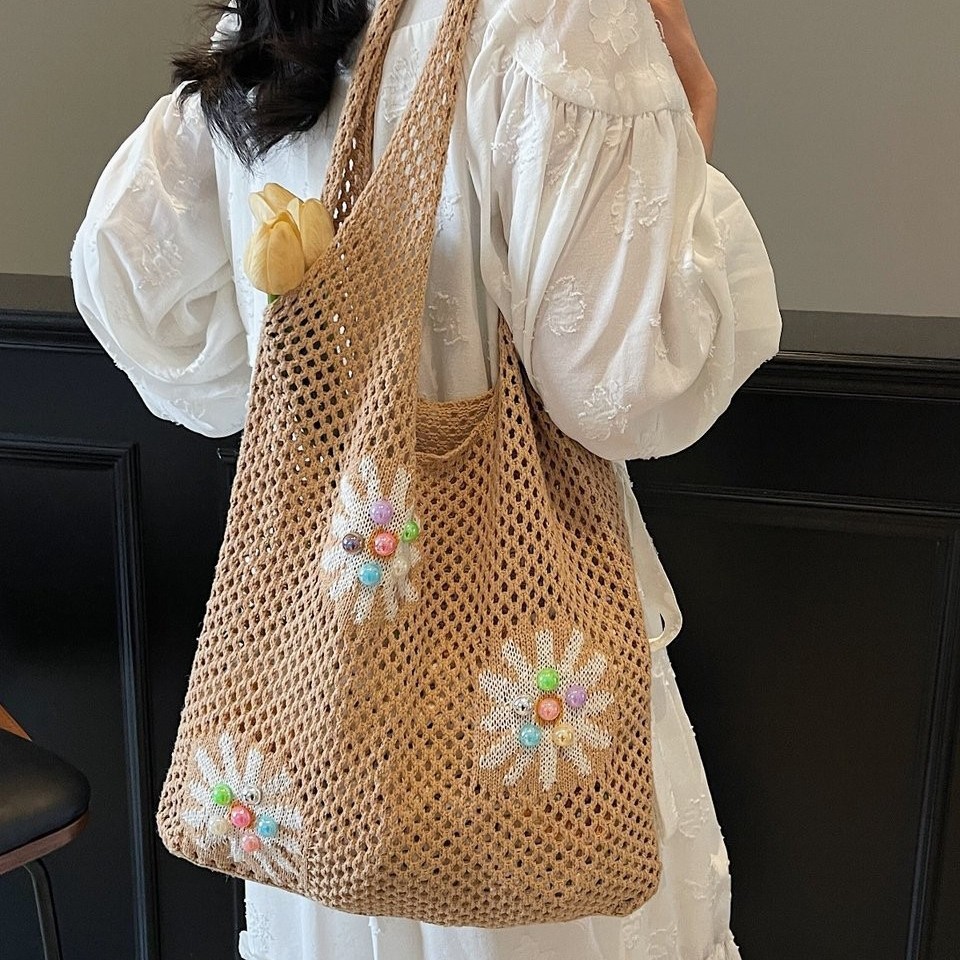 Spring flower woven bag for Women, 2025 New style, popular and versatile straw woven bag, large capacity, laid-back style single-shoulder bag Specification drawing
