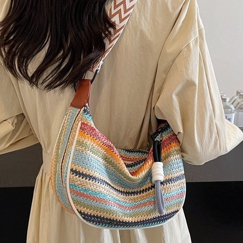 Rainbow Woven Bag Women's 2025 New Style, fashionable and fresh, crossbody dumpling bag, large capacity single-shoulder commuter bag Specification drawing