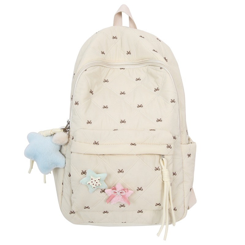 Cute schoolbag, large-capacity backpack, girl's backpack, cotton-padded jacket bag, diamond-shaped embroidered bow, student backpack Item Picture