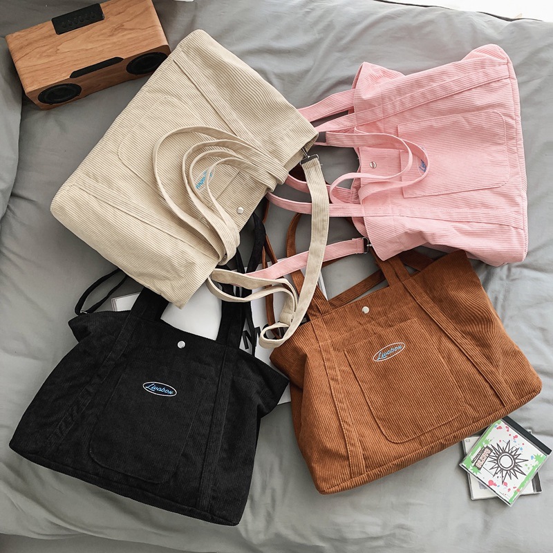 Large-capacity tote bag for women, 2022 new corduroy laid-back style hand-held crossbody bag, single-shoulder bag for college students' classes Specification drawing