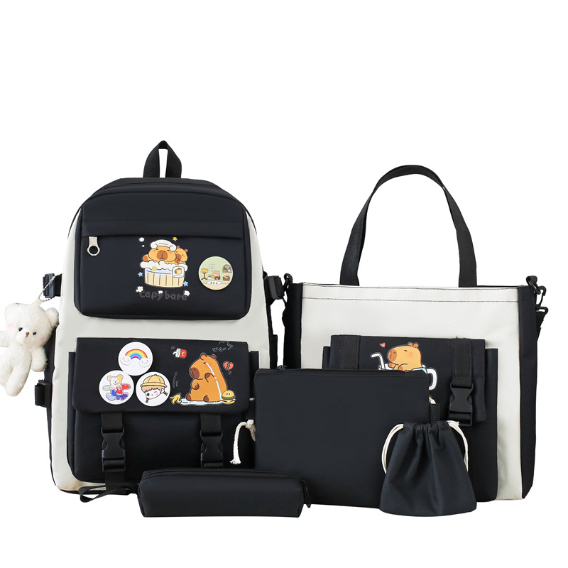 New Capibara canvas backpack for girls, cute and versatile, large-capacity five-piece set for primary and secondary school students Item Picture
