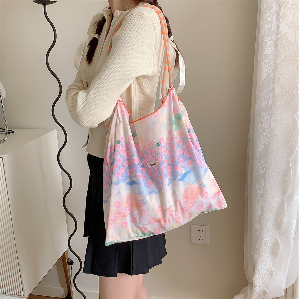 35243 Korean-style tote bag, large-capacity fresh floral women's commuter bag, single-shoulder bag, hand-held shopping bag, canvas bag details Picture