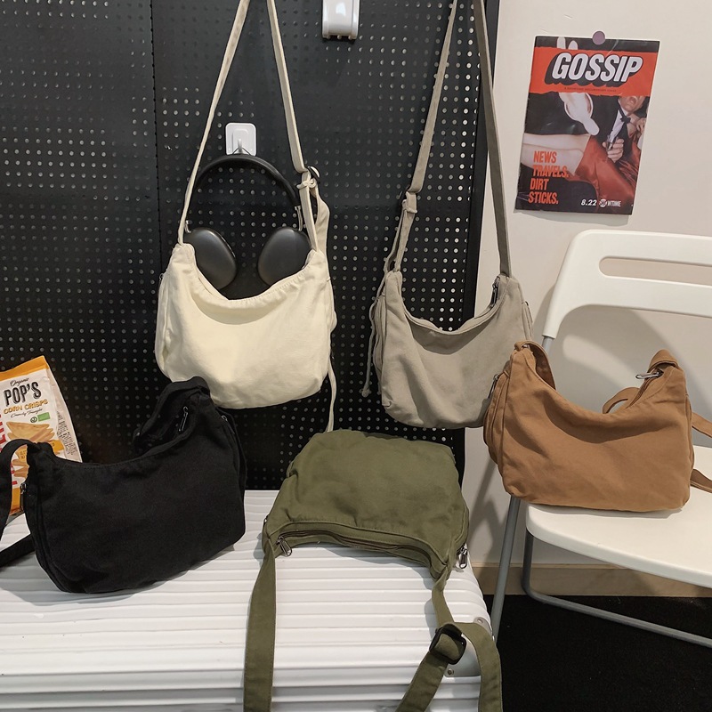 Canvas dumpling bag 2024 New style ins single-shoulder bag for women, laid-back casual crossbody bag, solid color retro small backpack Specification drawing