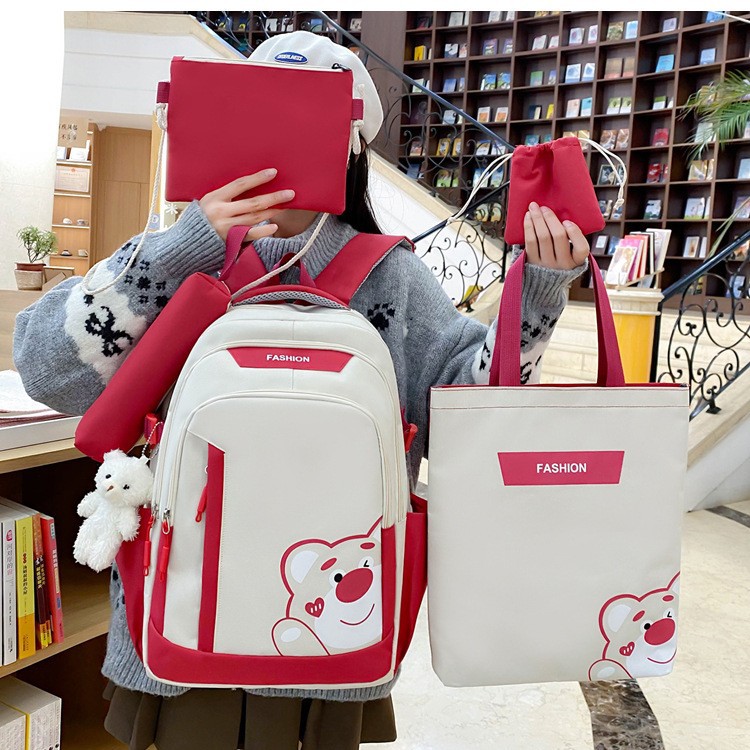 New five-piece schoolbag set: A printed bear for female high school students to make them look younger, and a color-blocking backpack for junior high school students Specification drawing