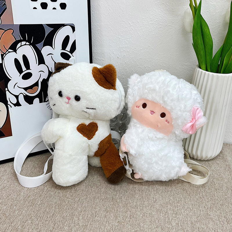New cartoon three-flower cat slant crossbody bag, cute panda plush doll, double-back backpack, a gift for a girlish heart full figure