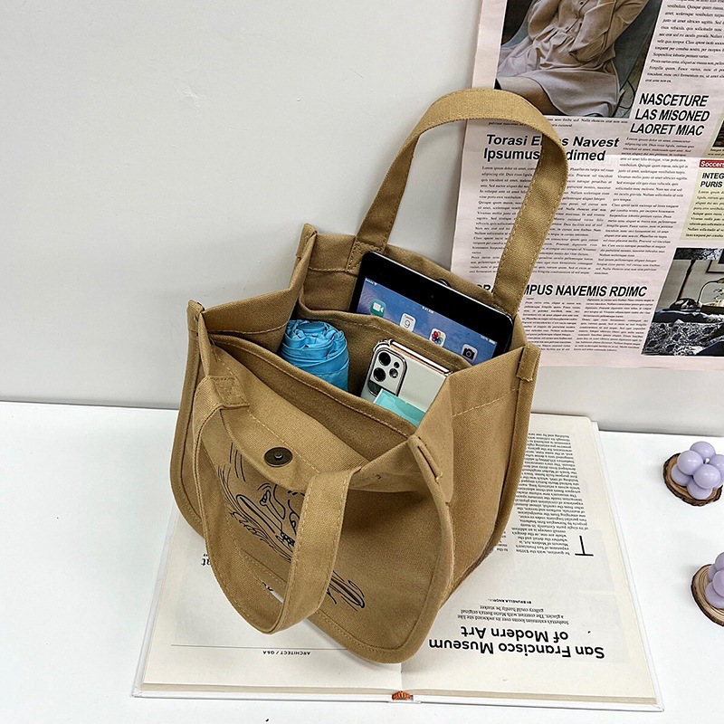 Canvas trendy cartoon pattern lunch box and bento bag, portable large-capacity simple hand-held bag for office workers and students details Picture
