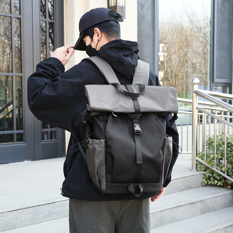 Cross-border men's backpack with a rolled-up top, functional travel sports backpack, foldable and rolleable casual schoolbag, and college student computer bag full figure