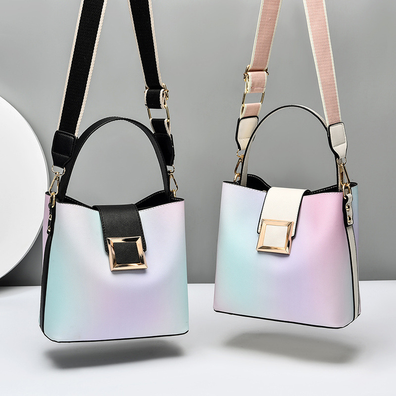Gradient color bucket bag for women, 2022 new fashion Internet celebrity single-shoulder hand-held crossbody bag, stylish large-capacity women's bag details Picture