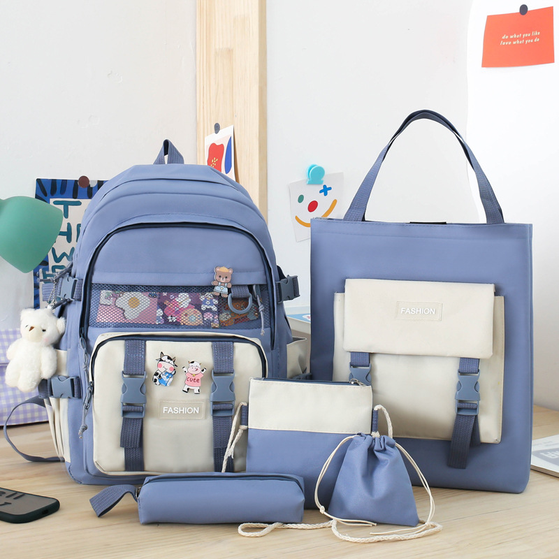 New five-piece schoolbag set for girls, Korean style Harajuku color block, large-capacity junior high school backpack, middle school backpack details Picture
