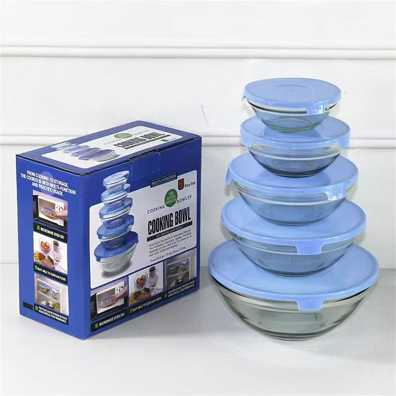Five-piece set of glass food storage container, five-color lid glass bowl, five-piece set of color box lid food storage bowl Item Picture