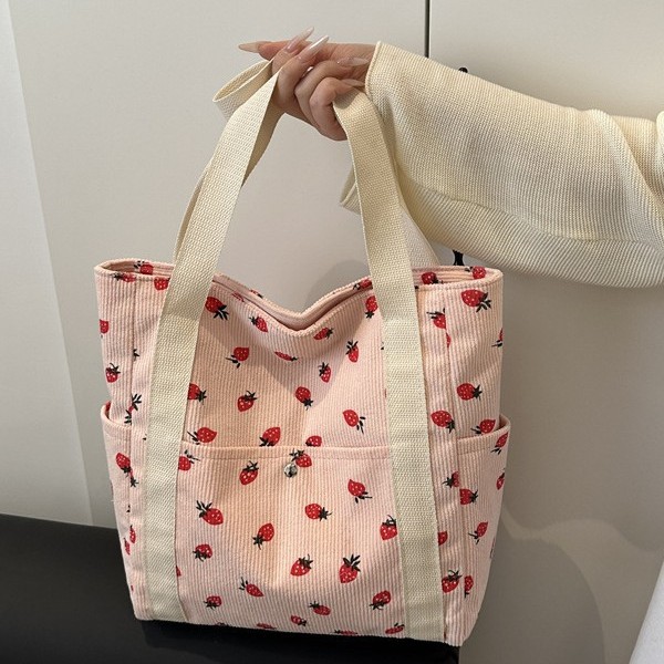 Laid-back style large-capacity corduroy strawberry bag, women's Instagram Korean version Harajuku single-shoulder bag, student tote bag for class Specification drawing