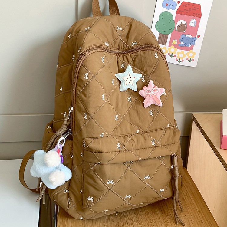 Cute schoolbag, large-capacity backpack, girl's backpack, cotton-padded jacket bag, diamond-shaped embroidered bow, student backpack full figure