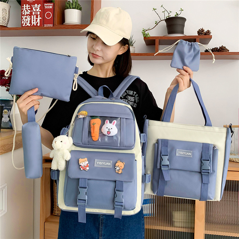 New five-piece canvas student backpack for girls, Korean version Harajuku large-capacity campus backpack, cross-border wholesale full figure