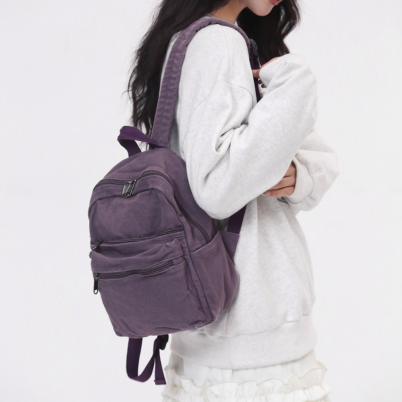 Japanese-style canvas small backpack for women, 2024 new solid color simple small backpack, Korean-style college student travel small bag full figure