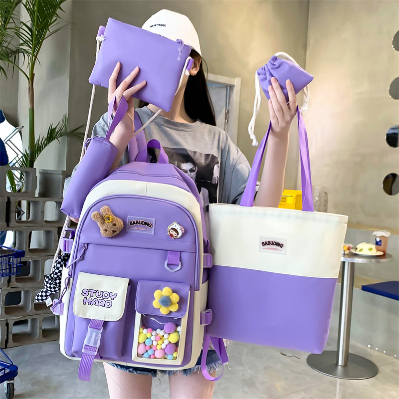 Wholesale of new Korean-style backpacks for junior and senior high school students, large-capacity five-piece sets, and casual backpacks full figure
