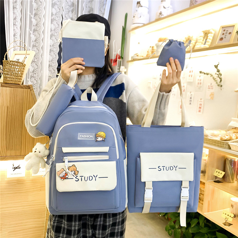 New letter canvas schoolbag for students, five-piece set, large-capacity Korean version ins campus girls' backpack details Picture