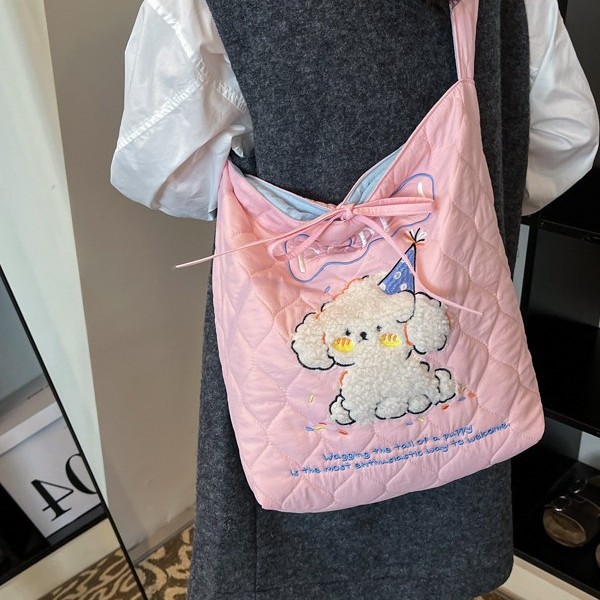Korean-style cute embroidered pattern drawstring single-shoulder bag, simple and versatile, adjustable crossbody bag, school-style commuting bag details Picture