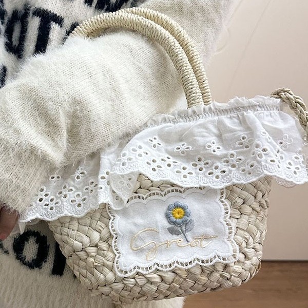 Fresh summer, cute mini handbag, girl's flower small bag, new straw woven bag, crossbody lace woven bag Specification drawing
