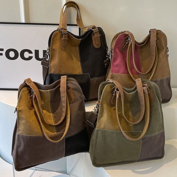 Color-blocking canvas bag 2025 new style patchwork women's handbag, retro and simple single-shoulder bag, fashionable crossbody bag for women full figure