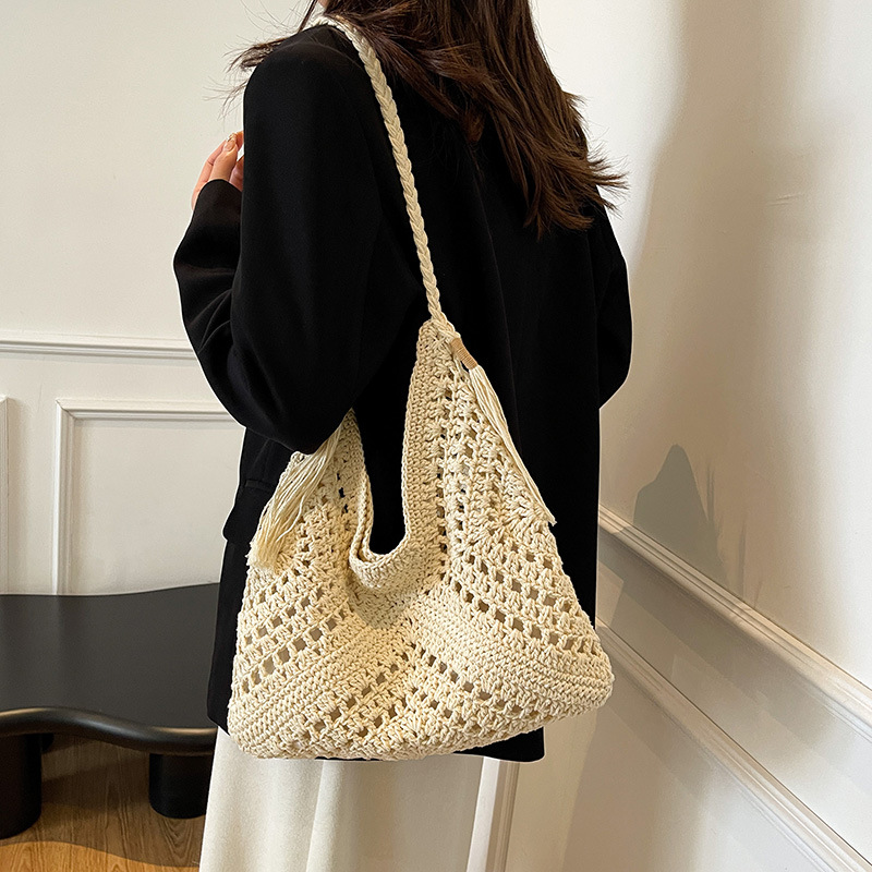 Artistic and retro straw woven women's 2025 new style trendy ethnic style tote bag with hollowed-out large capacity woven bag, trendy Specification drawing