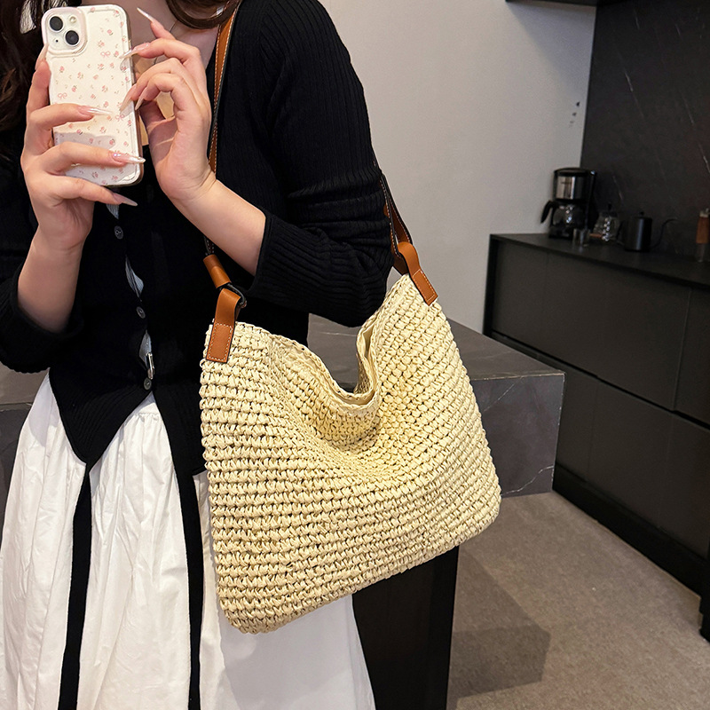 Retro woven bag for women, 2025 new style, popular beach vacation single-shoulder bag, large capacity tote bag, straw woven bag details Picture