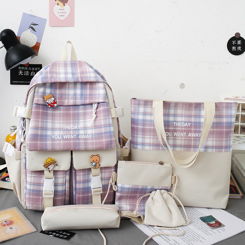 Cross-border new double-shoulder backpack, Korean version checkered five-piece set, large capacity wholesale of primary school schoolbag, supplementary school bag for girls full figure