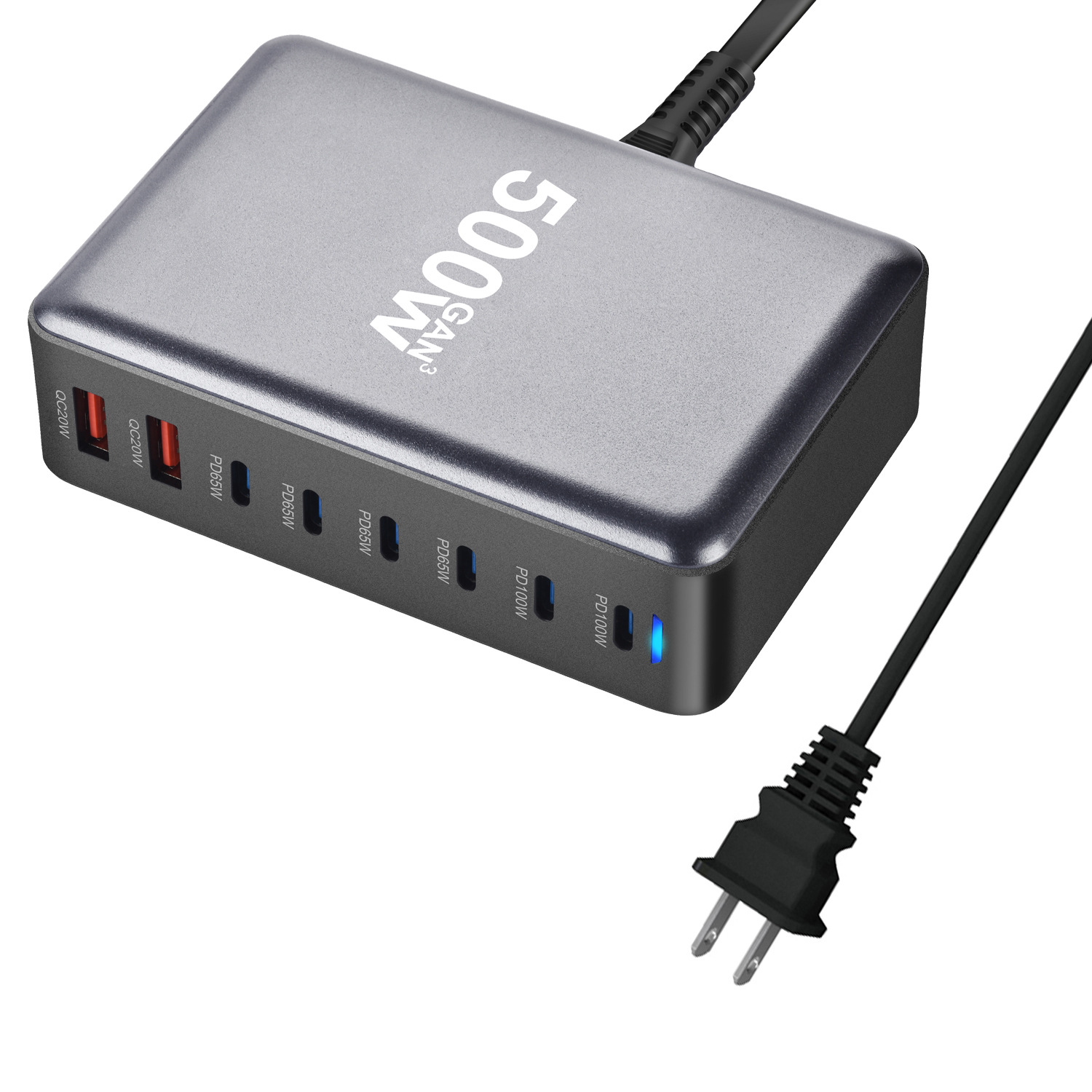 The new 500W gallium nitride PD charger, 6C2A multi-function charger, 8-port desktop charger, a cross-border bestseller, desktop charger Application Scenario