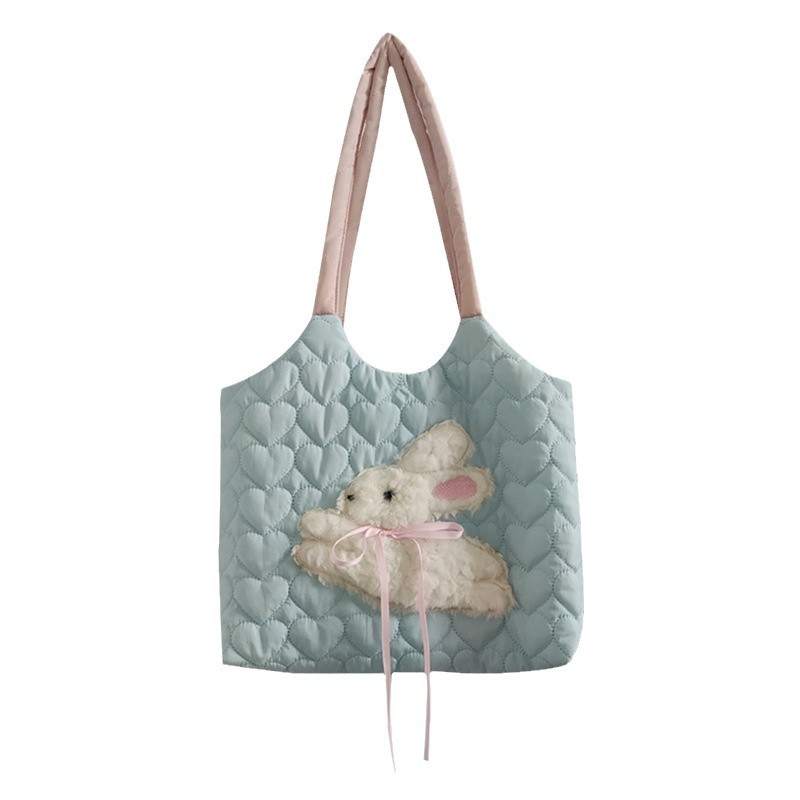 2024 New large-capacity fabric bag, women's plush rabbit embroidery color-blocking heart quilted single-shoulder bag, college student bag Item Picture
