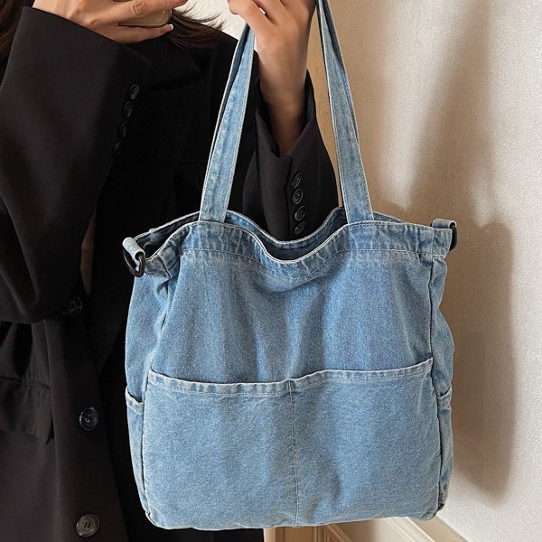 Denim single-shoulder bag, women's large-capacity shopping bag, tote bag, Korean casual handbag, portable crossbody bag full figure