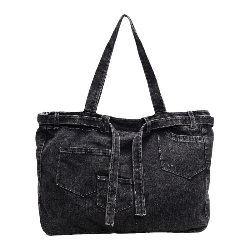 Single-shoulder bag washed double tote bag, casual design sense, shoulder bag with strap, ins fabric bag, versatile, trendy denim Item Picture
