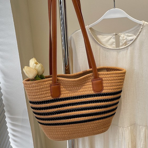 Trendy single-shoulder straw woven bag 2025 new women's bag, large-capacity woven tote bag, seaside vacation hand-held beach bag Specification drawing