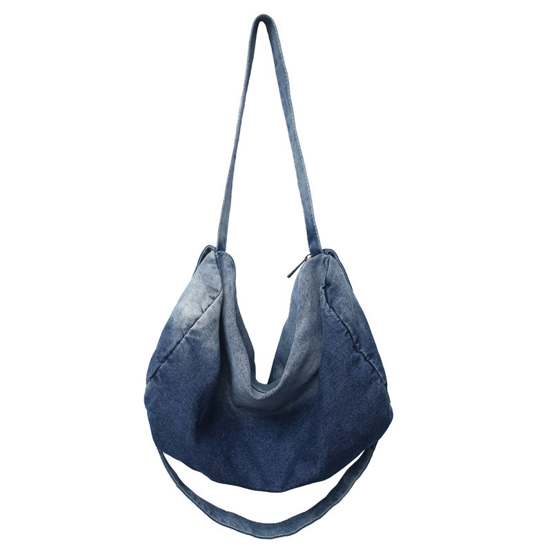 Lazy feng shui wash denim canvas bag for women, Japanese style simple gradient color crossbody bag, large capacity artistic single-shoulder bag Item Picture