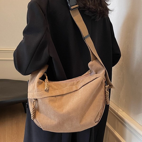 Corduroy canvas women's large-capacity dumpling bag 2024 New style simple and versatile crossbody college student class single-shoulder bag Specification drawing