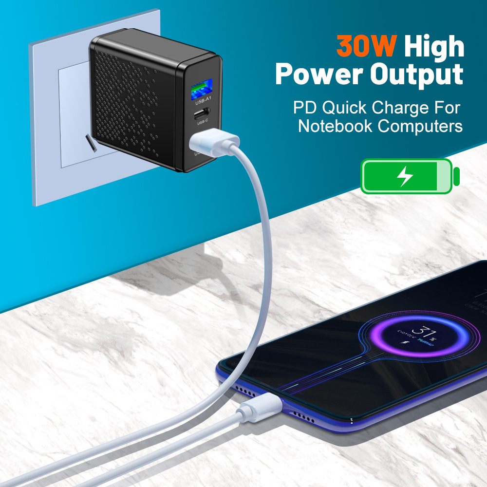 New LED 2USB+PDType-c mobile phone charger with multiple ports for US, European and British travel charging Item Picture